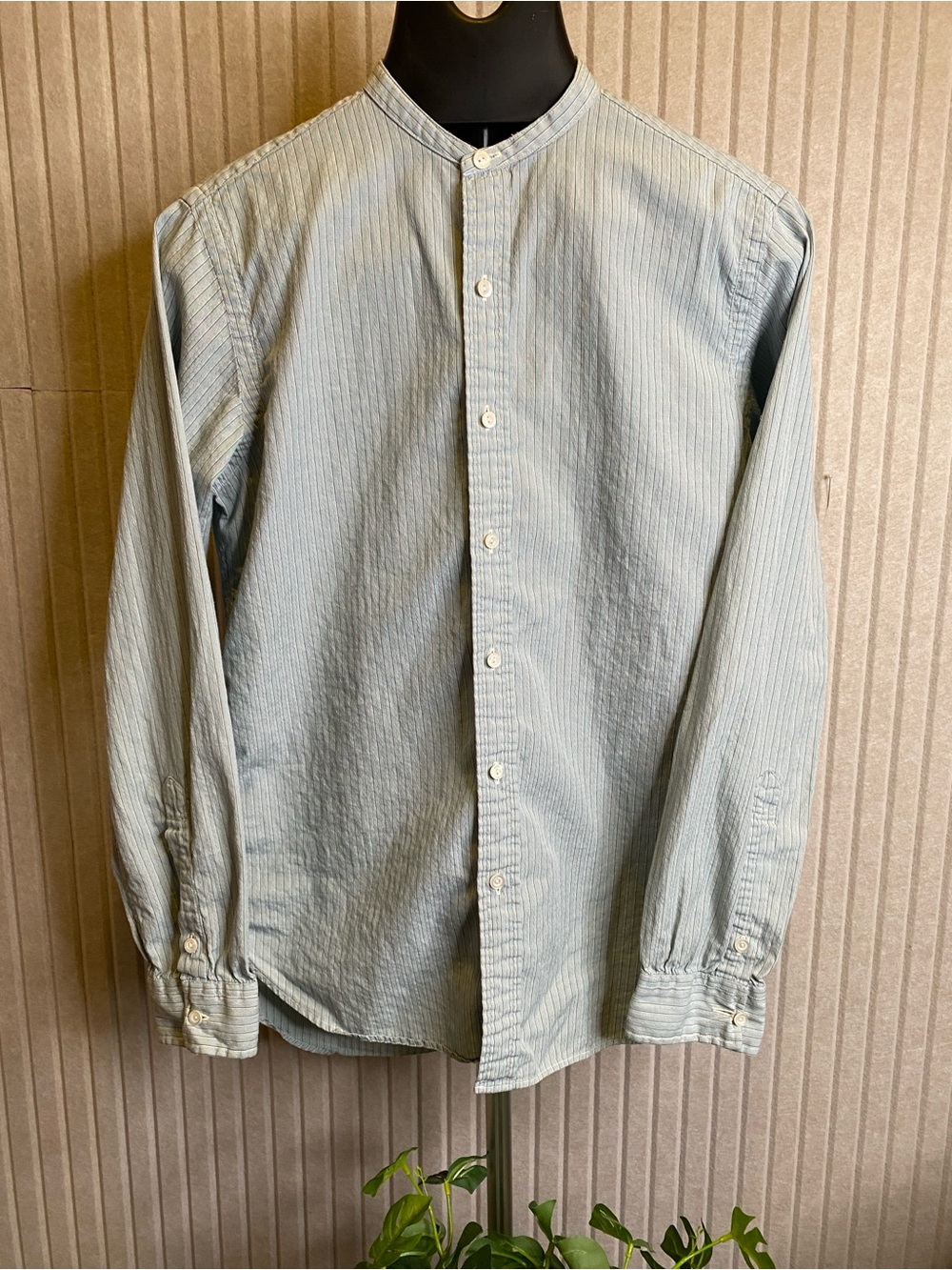 RRL Ralph Lauren Men’s Shirt, Sz Small, Band Collar Grandad Blue Striped Cotton